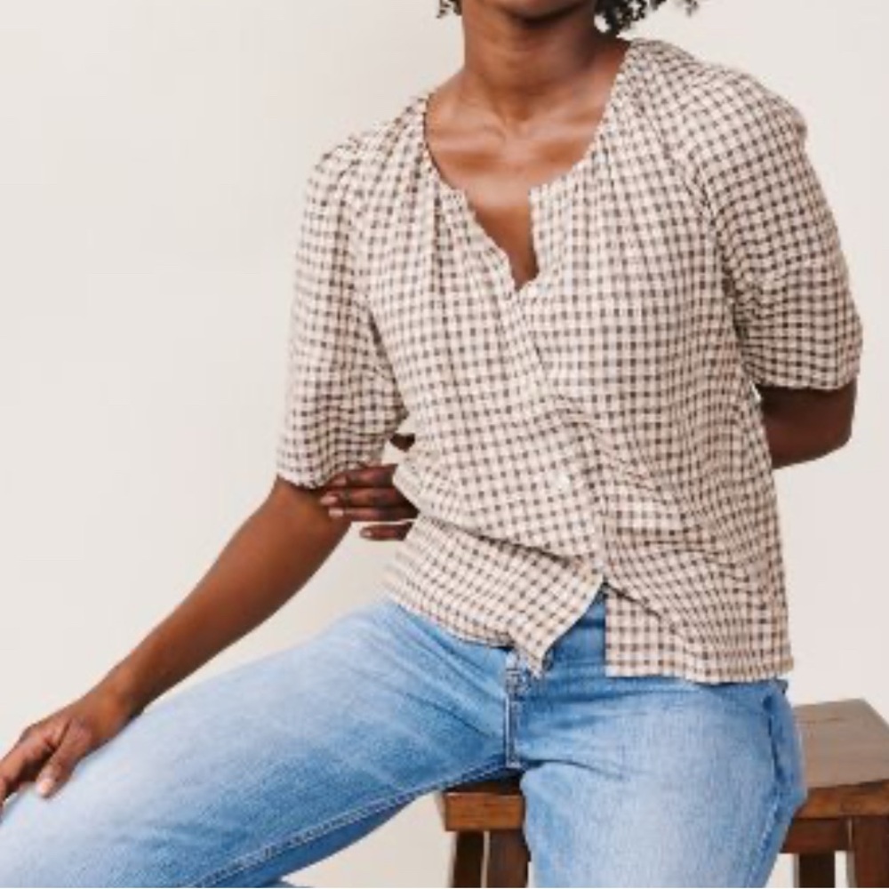 Flossie Button Down Top Able Checkered Short Slee… - image 2